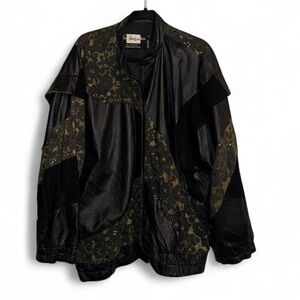 Judith Ann Creations 
Elegant Black and Olive Floral Bomber Jacket
